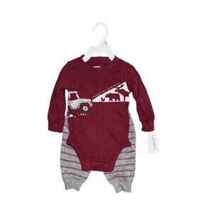 Carters Baby 2-Piece Outfit 3M Burgundy Long-Sleeve Bodysuit & Gray Striped Pant